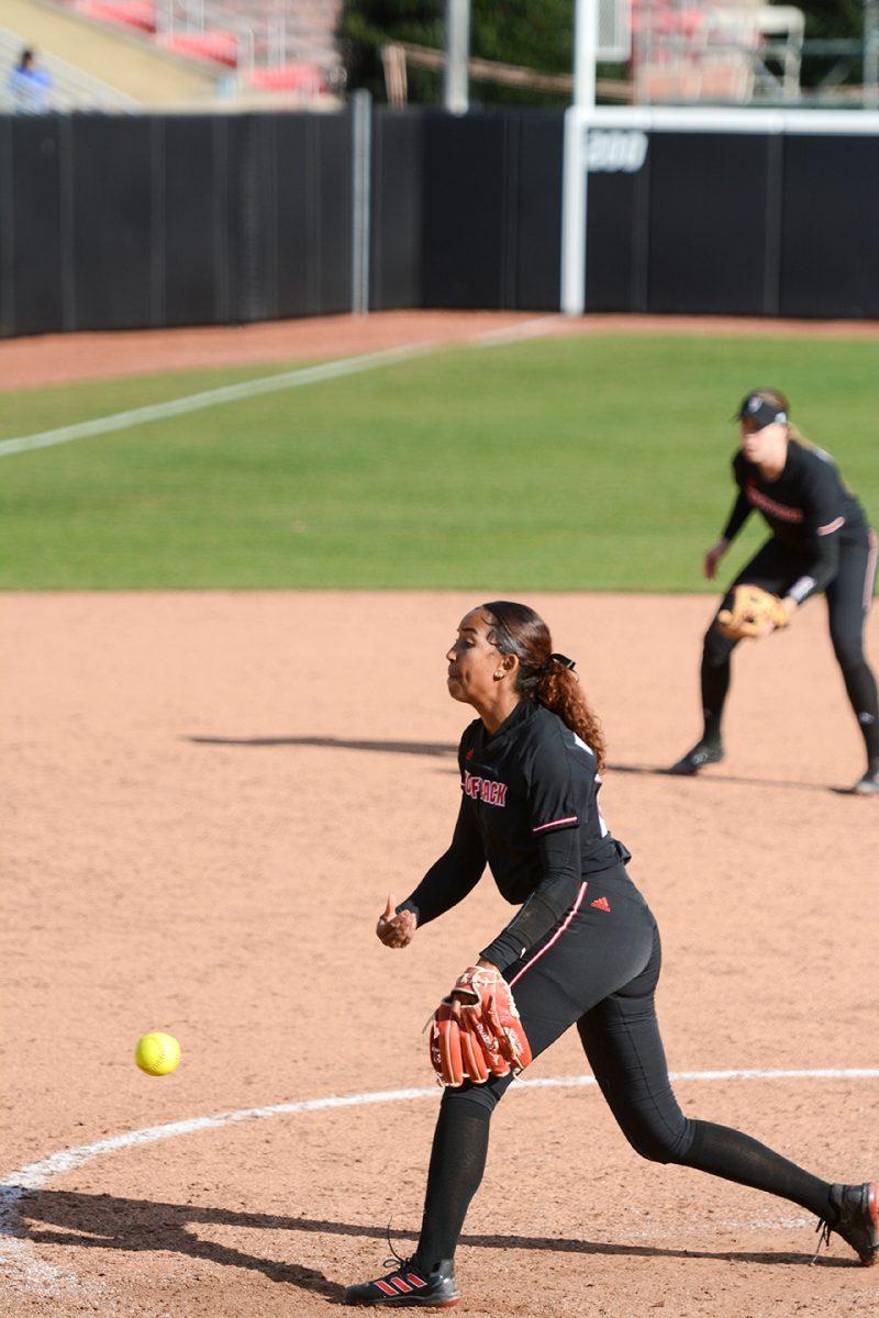 Redshirt sophmore pitcher Aisha Weixlmann pitches during the game against Bowling Green on Friday, Feb. 25, 2022 in Dail Softball Stadium. Weixlmann had five strikeouts during the Wolfpack's 4-0 win over the Falcons.