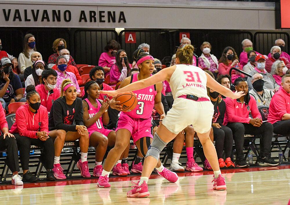 Graduate guard Kai Crutchfield looks for someone to pass to during the Play4Kay game against Georgia Tech on Monday, Feb. 7, 2022 in Reynolds Coliseum. Crutchfield made one field goal and one 3-pointer for the Pack. The Wolfpack beat the Yellow Jackets 59-48.