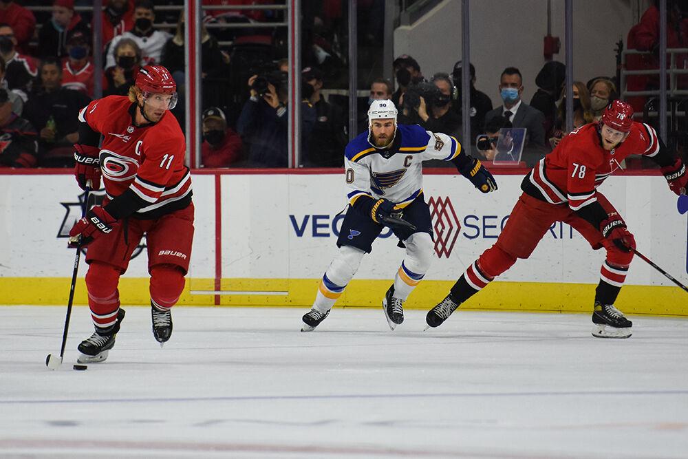 Center Jordan Staal looks to pass during the game against the St. Louis Blues in PNC Arena on Saturday, Nov. 13, 2021. The Hurricanes beat the Blues 3-2. Staal made 1 goal.