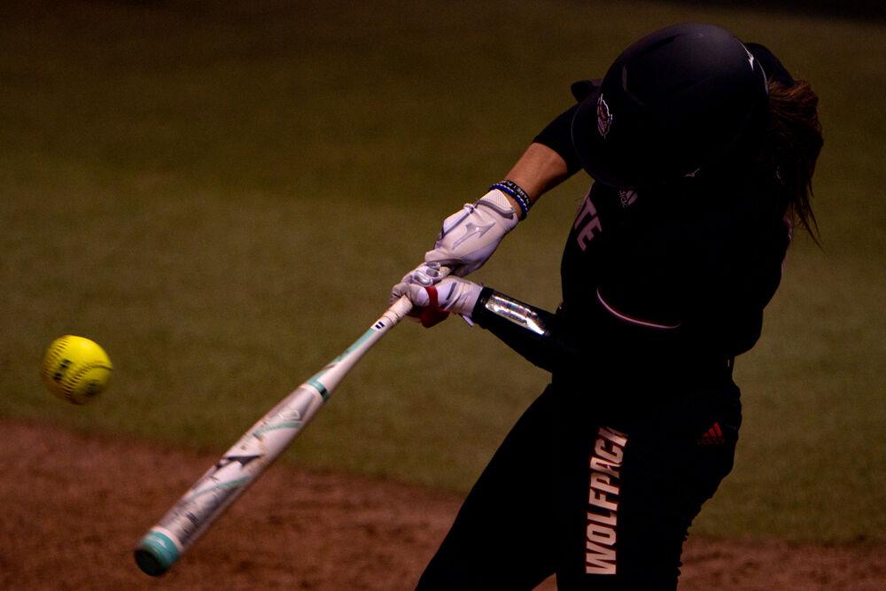 Redshirt junior outfielder Carson Shaner swings against Duke on Saturday, May 8, 2021 at Dail Softball Stadium. The Wolfpack lost both games of the doubleheader by a combined score of 11-2.