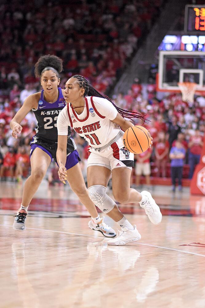 Junior wing Jakia Brown-Turner breaks away from the Kansas State defender during the second round of the NCAA tournament on Monday, March 21, 2022 at Reynolds Coliseum. Brown-Turner scored nine points during the game. The Wolfpack beat the Wildcats 89-57.