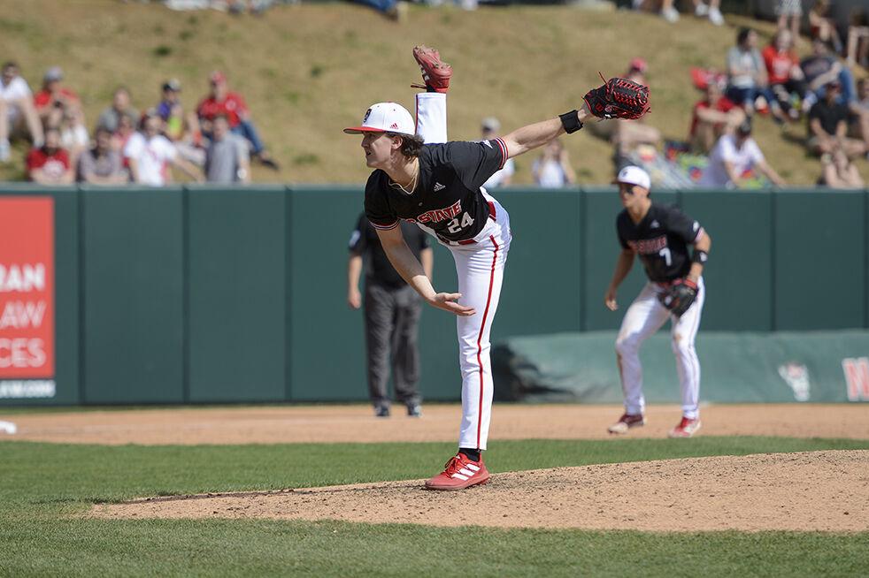 Freshman pitcher Carson Kelly pitches during the game against Northeastern on Sunday, Mar. 6, 2022 in Doak Field at Dail Park.&#160;The Wolfpack lost to the Huskies 6-0 and lost the series 3-0.