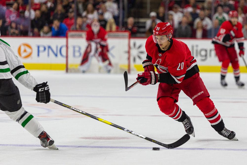 Hurricanes center Sebastian Aho tries to keep possession of the puck versus the Stars on Tuesday, Feb. 25, 2020 at PNC Arena. Aho had one goal on four shots in the 4-1 loss to the Dallas Stars.