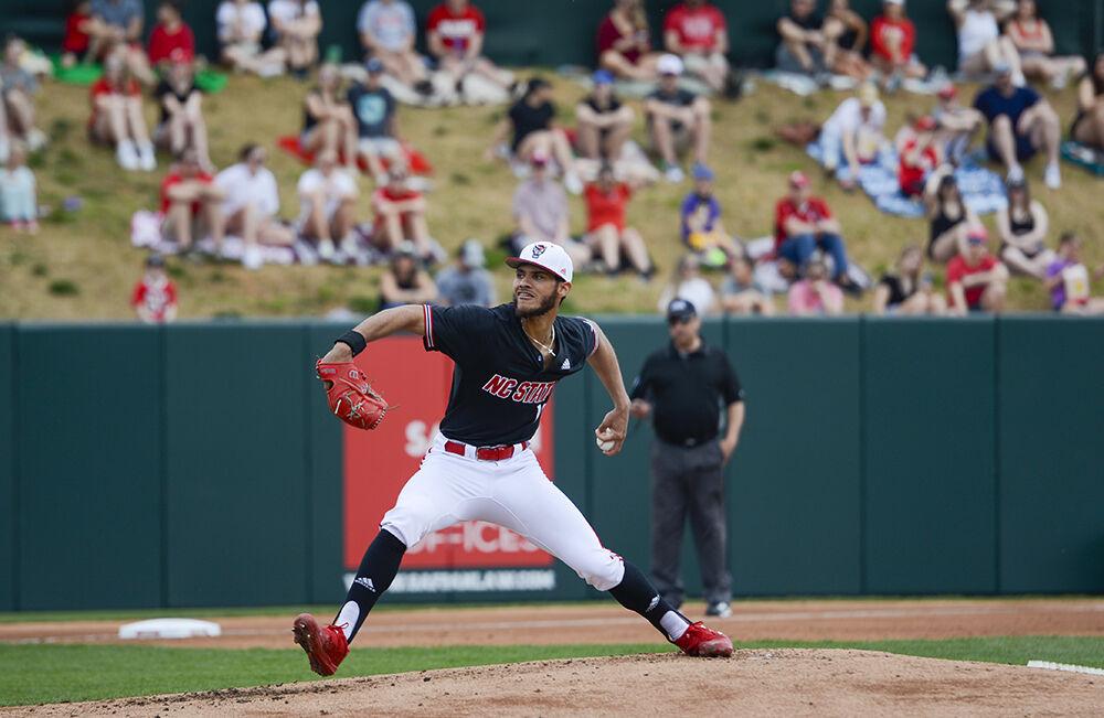 Senior pitcher David Harrison throws during the game against Northeastern on Sunday, Mar. 6, 2022 in Doak Field at Dail Park.&#160;The Wolfpack lost to the Huskies 6-0 and lost the series 3-0.