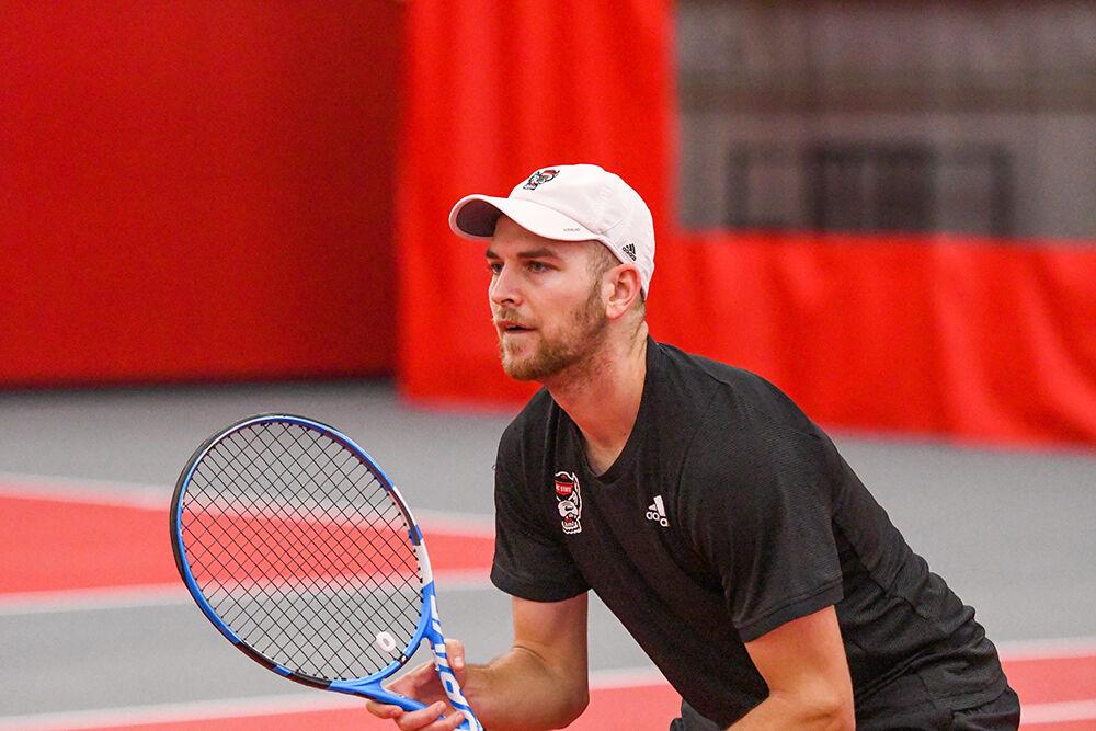 Senior Yannai Barkai waits for the opposing serve in his doubles match with graduate student Collin Shick against Boston College on Sunday, Feb. 27, 2022 at J.W. Isenhour Tennis Center. Barkai and Shick won their doubles match 6-3. NC State beat Boston College 7-0.