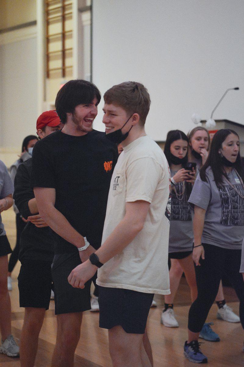 Ben Anderson, a second-year in chemical engineering, and Chandler Lopes, a first-year in electrical engineering, dance together in Talley Student Union during the Dance Marathon on Saturday, March 5, 2022. This event is a fundraiser for Duke Children's Hospital where participants dance to raise money.