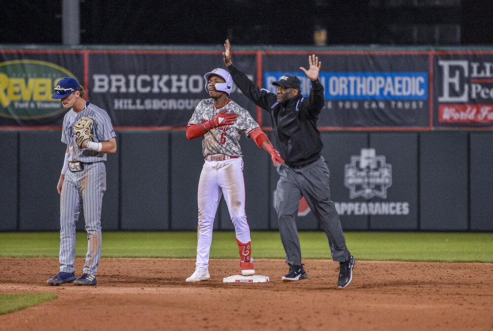 Sophomore infielder LuJames Groover III celebrates being safe during the game against Georgia Tech on Friday, March 25, 2022 in Doak Field at Dail Park. Groover was 3 for 3 with NC State beating Georgia Tech 8-6.