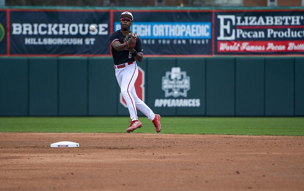 Sophmore infielder LuJames Groover III throws to first during the game against Northeastern on Sunday, Mar. 6, 2022 in Doak Field at Dail Park.&#160;The Wolfpack lost to the Huskies 6-0 and lost the series 3-0.