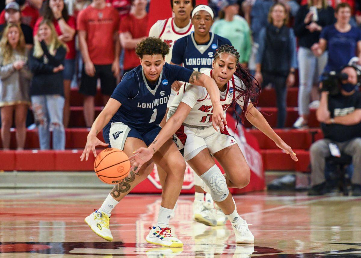 Junior wing Jakia Brown-Turner steals the ball from the Longwood offense during the first round of the NCAA Tournament on Saturday, March 19, 2022 in Reynolds Coliseum. Brown-Turner scored 15 points and had seven rebounds against Longwood. The Wolfpack beat the Lancers 96-68.