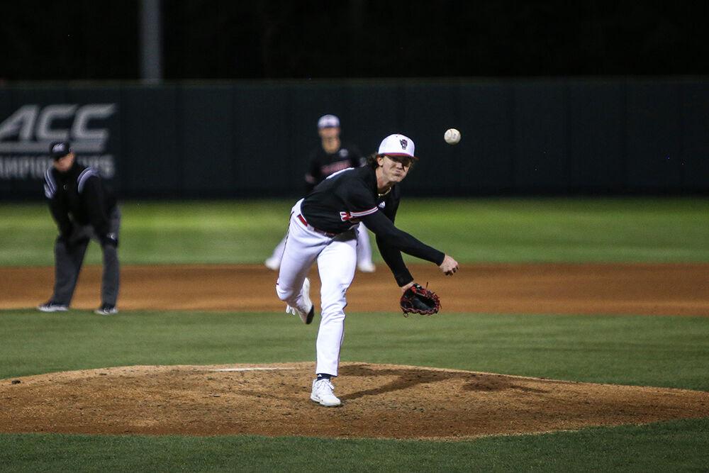 Freshman pitcher Carson Kelly pitches to Georgia Tech during the game at Doak Field on Satruday, March 26, 2022. NC State won 6-5.
