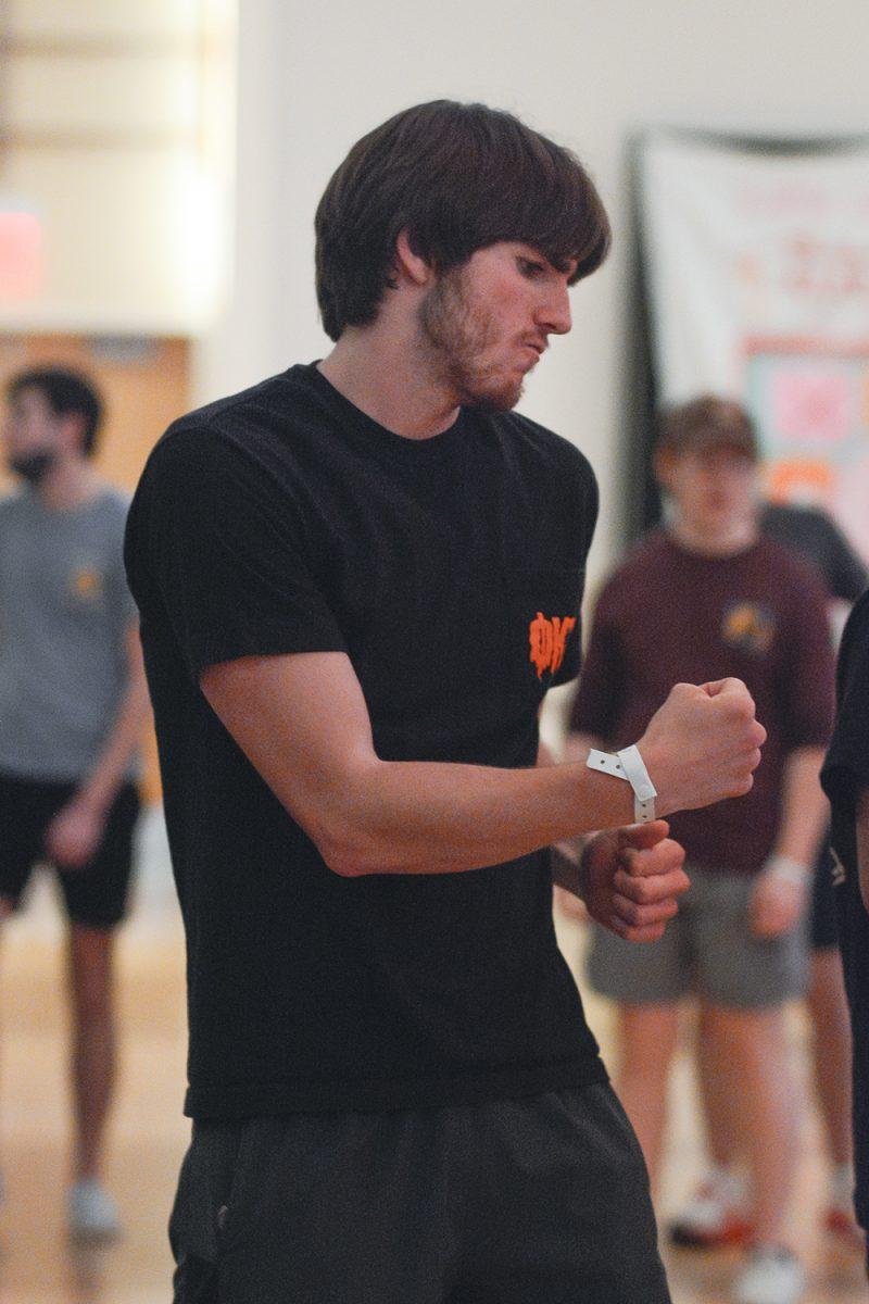 Ben Anderson, a second-year in chemical engineering, dances in Talley Student Union during the Dance Marathon on Saturday, March 5, 2022. This event is a fundraiser for Duke Children's Hospital where participants dance to raise money.