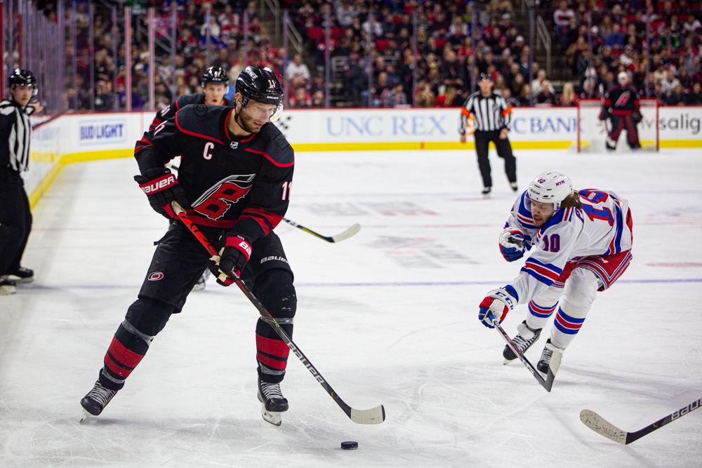 Hurricanes center Jordan Staal dribbles the puck versus the Rangers on Friday, Feb. 21, 2020 at PNC Arena. Staal had one assist and two shots in the 5-2 loss to the New York Rangers.