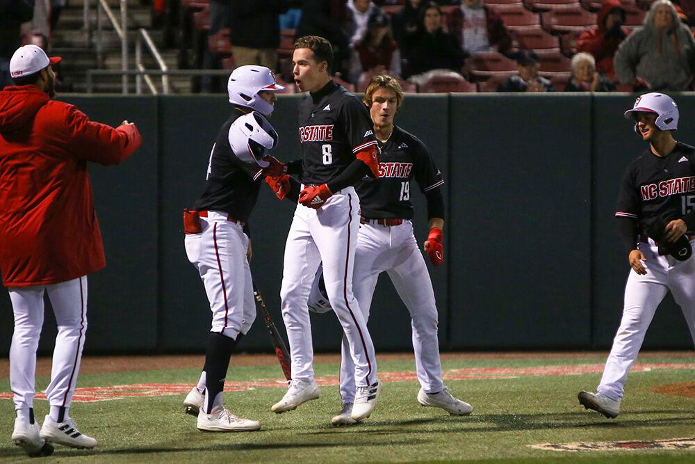Freshman infielder Payton Green celebrates after getting a home run during the game against Georgia Tech at Doak Field on Saturday, March 26, 2022. NC State won 6-5.
