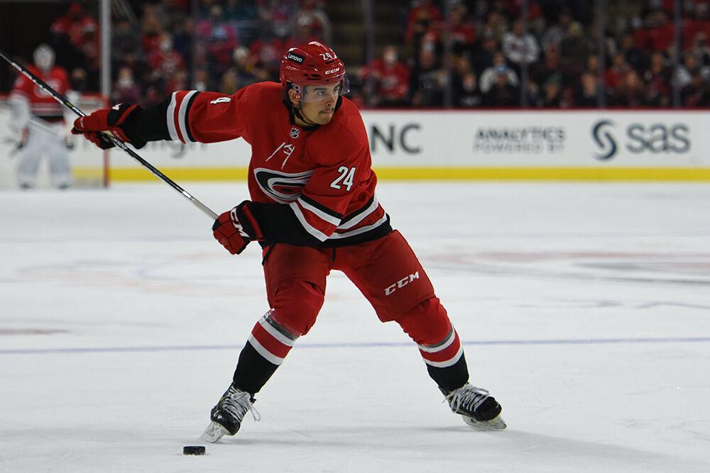 Center Seth Jarvis takes a shot in the game against the St. Louis Blues in PNC Arena on Saturday, Nov. 13, 2021. The Hurricanes won 3-2.