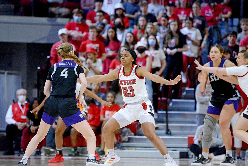Freshman guard Jessica Timmons stands wide on defense during the second round of the NCAA tournament against Kansas State on Monday, March 21, 2022 at Reynolds Coliseum. NC State beat Kansas State 89-57 and advance to the Sweet 16.