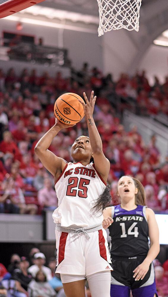 Graduate forward Kayla Jones goes in for a shot against Kansas State during the second round game of the NCAA tournament at Reynolds Coliseum on Monday, March 21, 2022. The Wolfpack beat the Wildcats 89-57 and advance to the Sweet 16.
