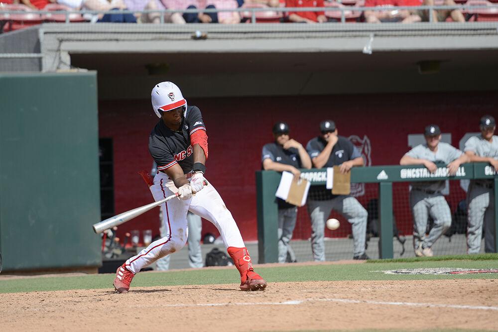 Sophomore infielder LuJames Groover III hits during the game against Northeastern on Sunday, Mar. 6, 2022 in Doak Field at Dail Park.&#160;The Wolfpack lost to the Huskies 6-0 and lost the series 3-0.