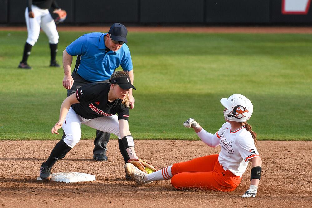 Sophomore infielder Kaylee Lambrecht tags out a Campbell runner during the game on Tuesday, March 22, 2022 in Dail Softball Stadium. The Wolfpack beat the Camels 2-0.