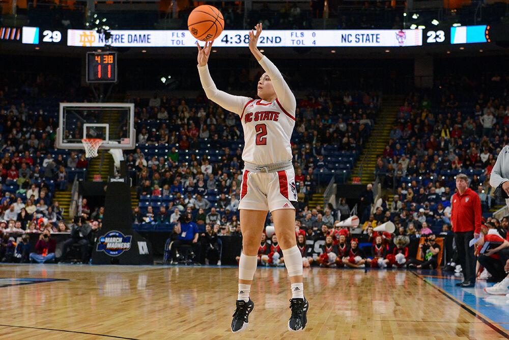 Graduate student guard Raina Perez shoots a 3-point shot in the Sweet 16 game against Notre Dame on Saturday, March 26, 2022 inside Total Mortgage Arena in Bridgeport, Connecticut. Perez scored seven points for the Wolfpack. NC State beat Notre Dame 66-63.