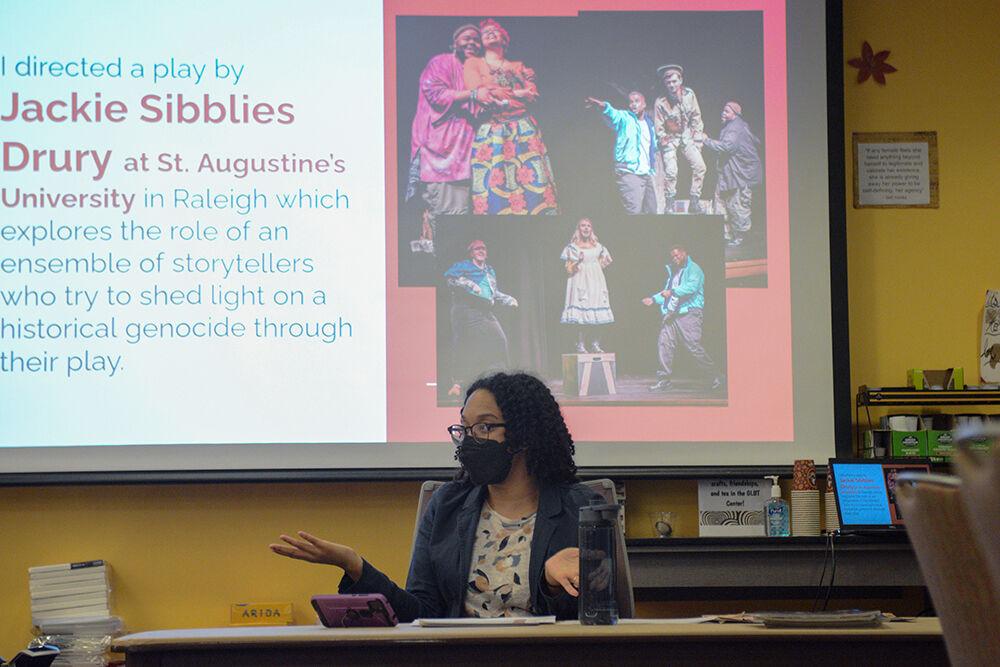 Amelia Lumpkin, a theater artist from Raleigh, presents during the Women's Center event called "I'm Every Woman: Interactive Storyteling Workshop" on Friday, March 25, 2022.&#160;