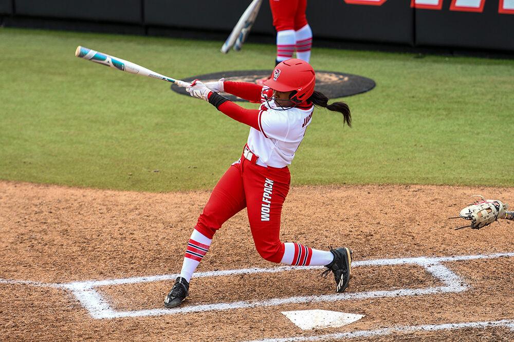 Fifth year outfielder Brittany Jackson swings at the ball during the game against Central Connecticut State on Saturday, Feb. 26, 2022 at Dail Softball Stadium. Jackson went 1 for 2. NC State won the game 13-3.