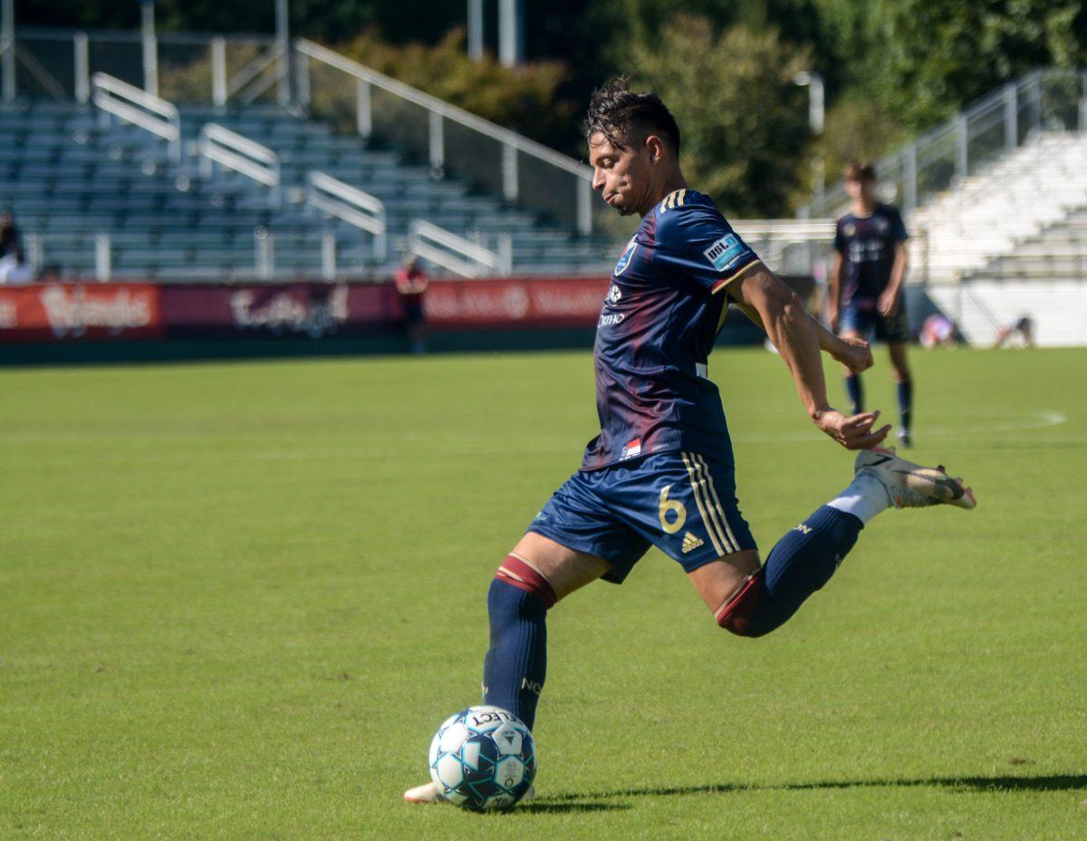 North Carolina FC defender Nelson Flores passes the ball during the NCFC versus North Texas game on Sunday, Sept. 26, 2021 at Sahlen's Stadium in WakeMed Soccer Park. Nelson had 52 passes. North Texas beat NCFC 1-0.