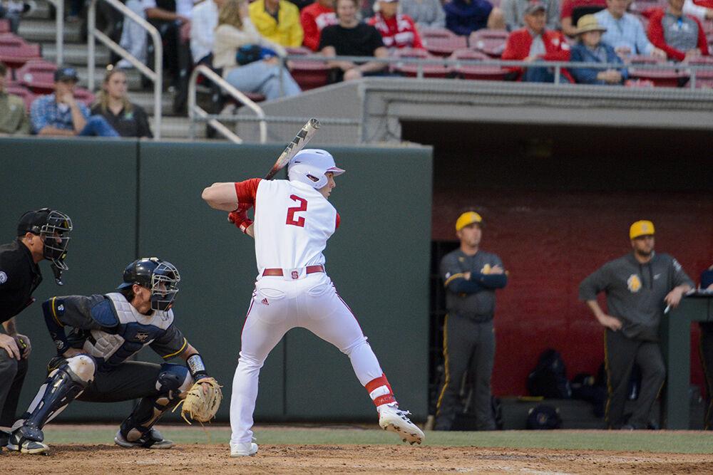 Sophomore outfielder Noah Soles gets ready to swing during the game against NCAT on Tuesday, March 22, 2022 in Doak Field at Dail Park. Soles had one run with NC State beating NC A&amp;T 5-3.
