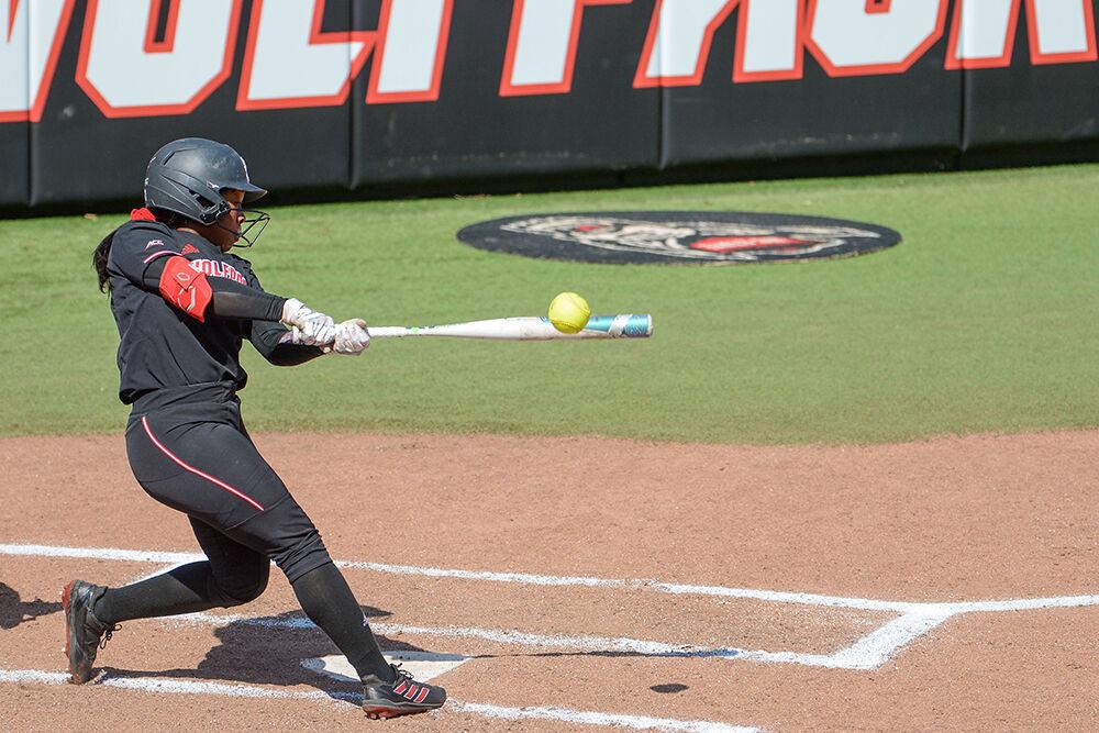 Fifth-year outfielder Brittany Jackson bats during NC State's game against Norfolk State on Wednesday, April 27, 2022 in Dail Softball Stadium. Jackson scored one run during the Wolfpack's 7-1 win over the Spartans.