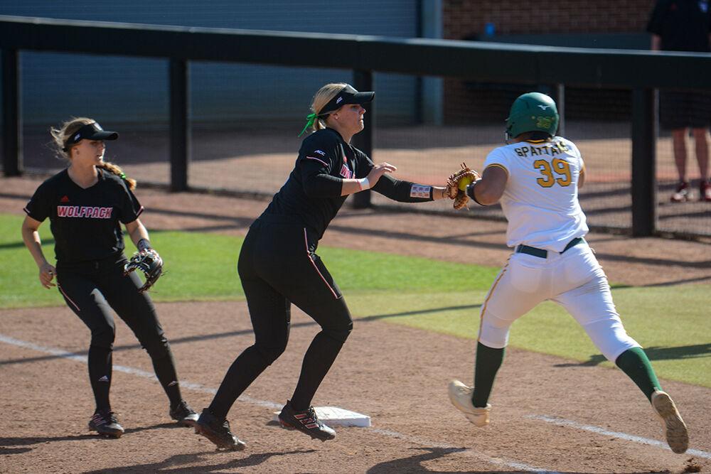 Freshman infielder Michele Tarpey tags a runner out during NC State's game against Norfolk State on Wednesday, April 27, 2022 in Dail Softball Stadium. The Wolfpack beat the Spartans 7-1.