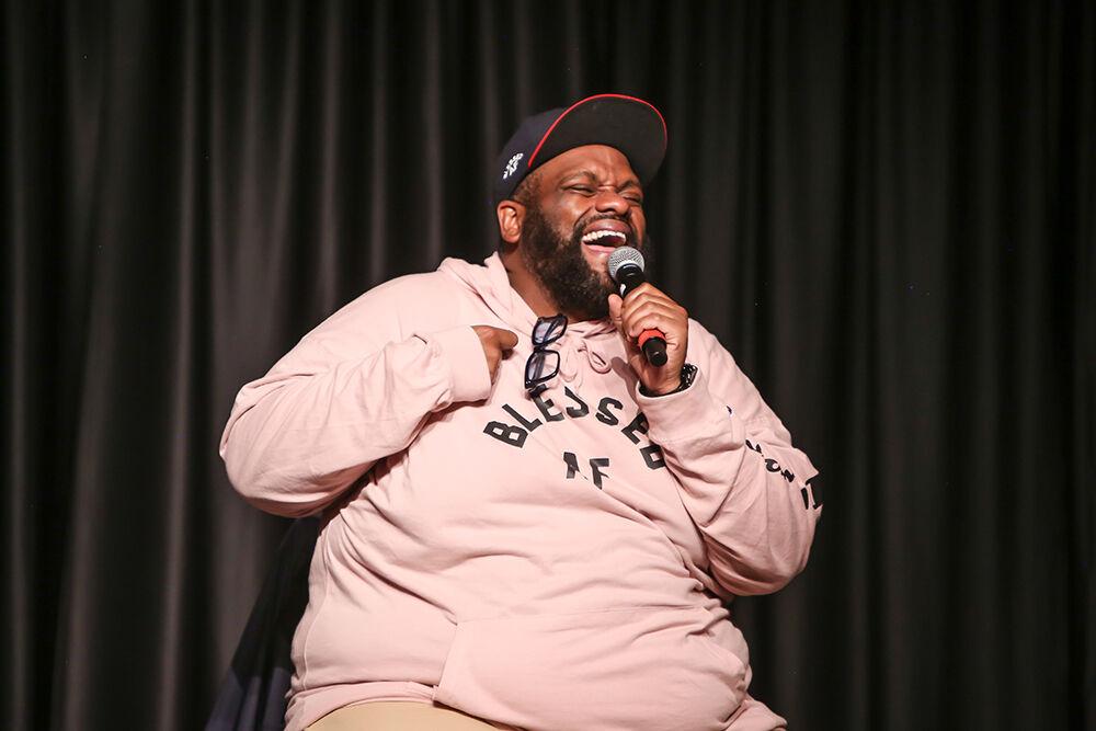 Stand up comic Ronnie Jordan performs during Pan-Afrikan Week's Black Out Loud Comedy Show in Talley Student Center on Wednesday, April 6, 2022.