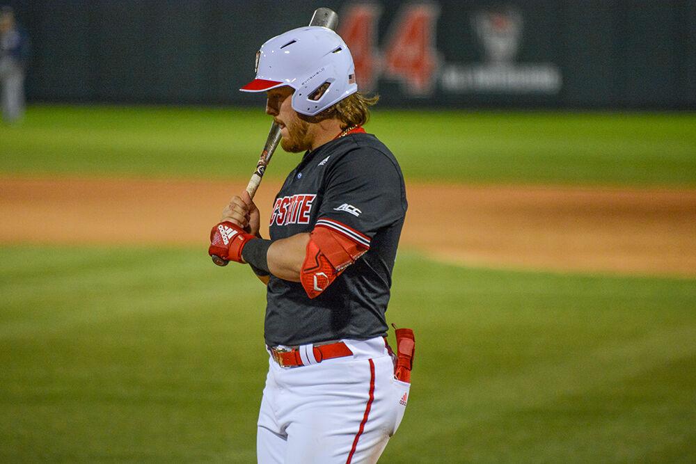 Freshman infielder Tommy White walks up to the plate during the Wolfpack's home baseball game against the Georgia Tech Yellow Jackets at Doak Field on March 26, 2022. The Wolfpack won the game 6-5 to clinch the series.