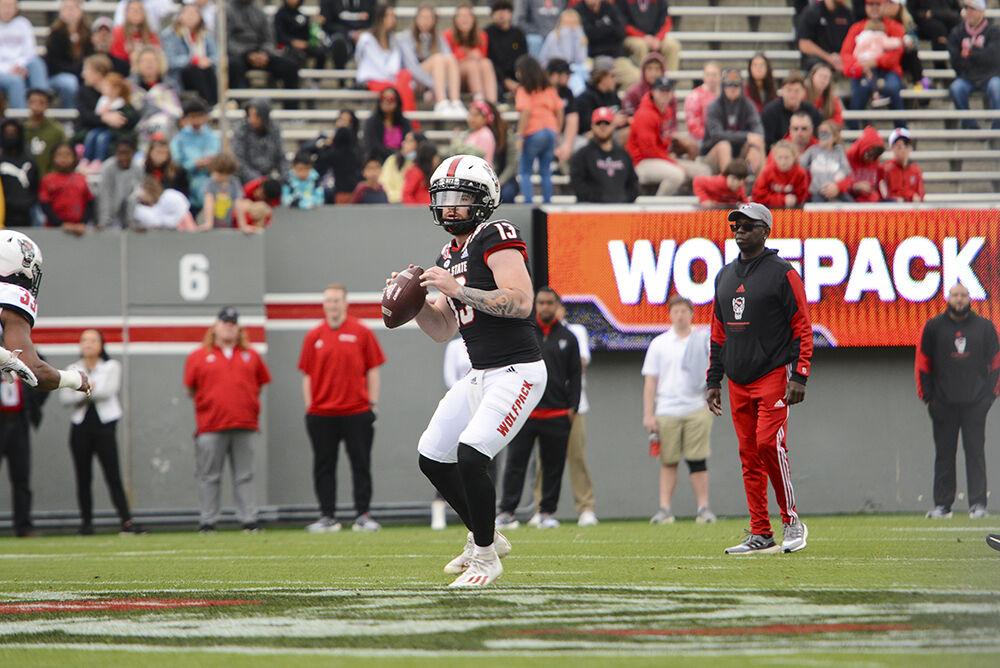 Redshirt junior quarterback Devin Leary prepares to throw the ball during the spring game on April 9, 2021, at Carter-Finley Stadium. Leary had 355 passing yards with the Red team beating the White team 50-7.