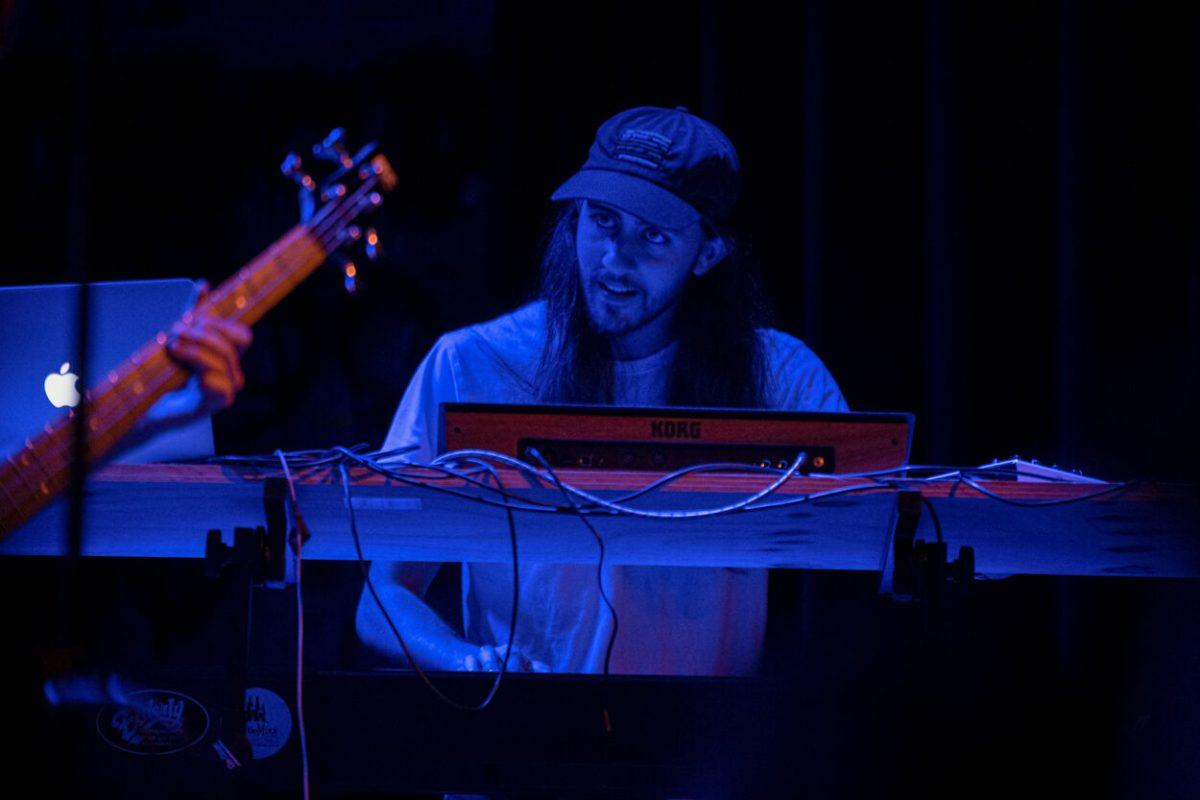 Jeremy Shoop looks at his bandmates during Raygun Superstar's performance at Motorco Music Hall in Durham, NC, on Friday,&#160;April 29, 2022.