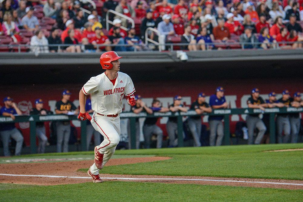 Redshirt junior Josh Hood runs to first during NC State's home game against East Carolina on Tuesday, April 26, 2022 in Doak Field at Dail Park. Hood hit a grand slam during the Wolfpack's 12-3 win over the Pirates.