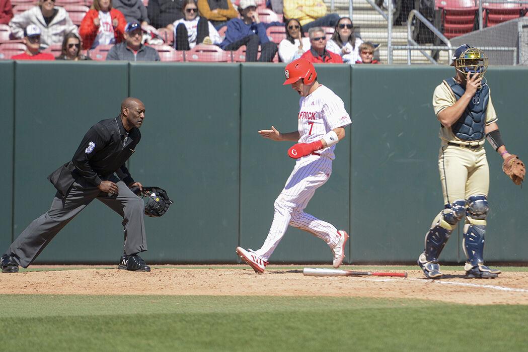 Redshirt junior Josh Hood shouts as he scores a game tying run during the game against Georgia Tech on Sunday, March 27, 2022 in Doak Field at Dail Park. The Wolfpack beat the Yellow Jackets 6-1 sweeping the series.