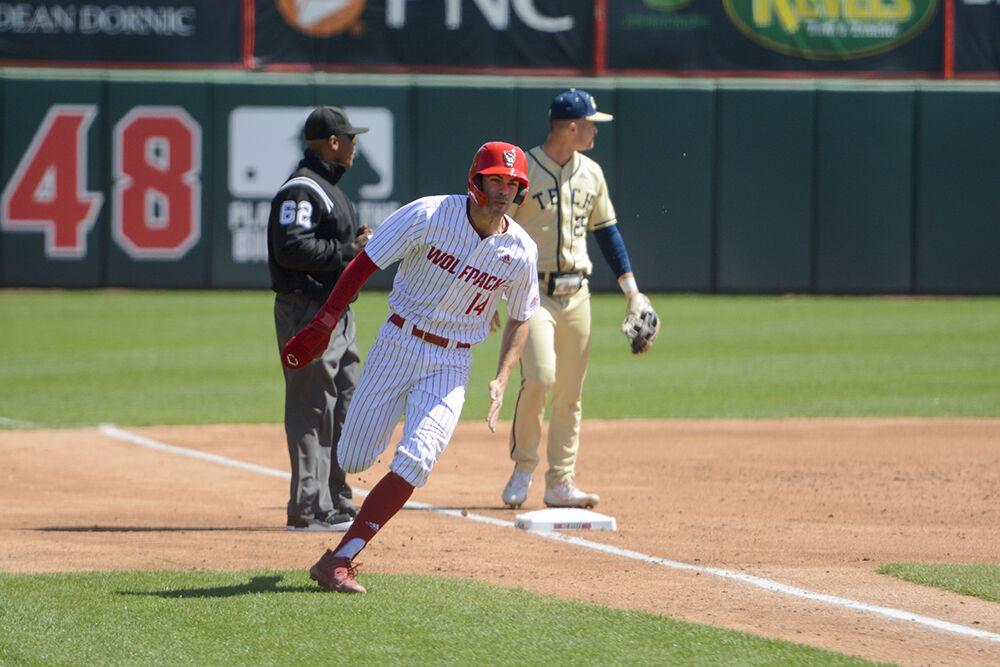 Freshman catcher Jacob Cozart heads to home plate during the game against Georgia Tech on Sunday, March 27, 2022 in Doak Field at Dail Park. Cozart was 1-3 at bat. The Wolfpack beat the Yellow Jackets 6-1 sweeping the series.