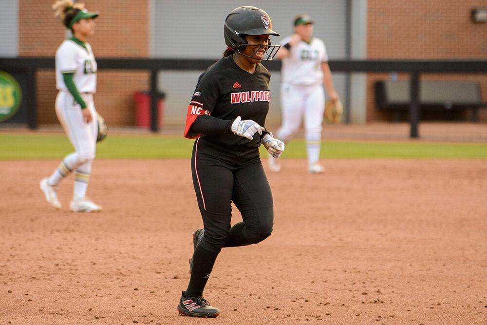 Graduate center fielder Brittany Jackson rounds the bases after hitting a home run during the game against UNC-Charlotte on Wednesday, March 30, 2022 at Dail Softball Stadium. Jackson was one of four players to hit a home run during the game. The Wolfpack beat the 49ers 9-4.