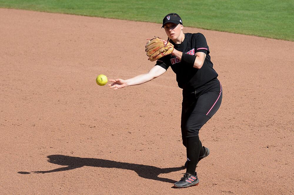 Sophomore infielder Kaylee Lambrecht throws to first base during NC State's game against Norfolk State on Wednesday, April 27, 2022 in Dail Softball Stadium. Lambrecht had a double during the Wolfpack's 7-1 win over the Spartans.