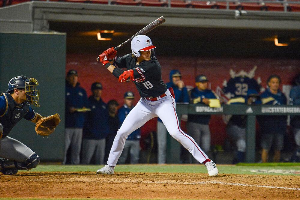 Freshman infielder Will Marcy goes up to bat during the Wolfpack's home baseball game against the Georgia Tech Yellow Jackets at Doak Field on March 26, 2022. The Wolfpack won the game 6-5 to clinch the series.