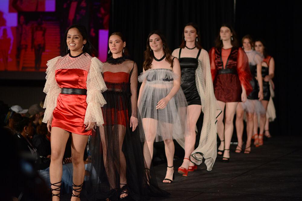 The models showing off designer Natalia Barnack's collection do a final walk on the runway on Thursday, April 7, 2022 at the African American Textile Society's 24th Annual Fashion Expos&#233; in Talley State Ballroom. Three designers participated in the &#8220;Novice&#8221; division, which was for designers with fewer than two years of experience, and four designers participated in the Intermediate and Beyond division.