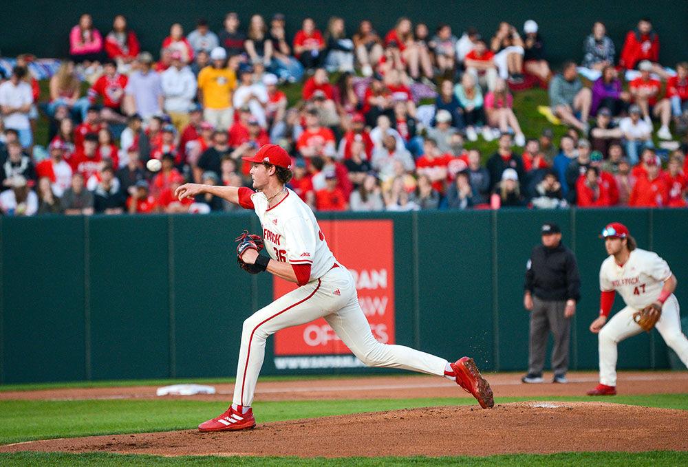 Sophmore pitcher Garrett Payne pitches during NC State's home game against East Carolina on Tuesday, April 26, 2022 in Doak Field at Dail Park. Payne had three strikeouts during the Wolfpack's 12-3 win over the Pirates.