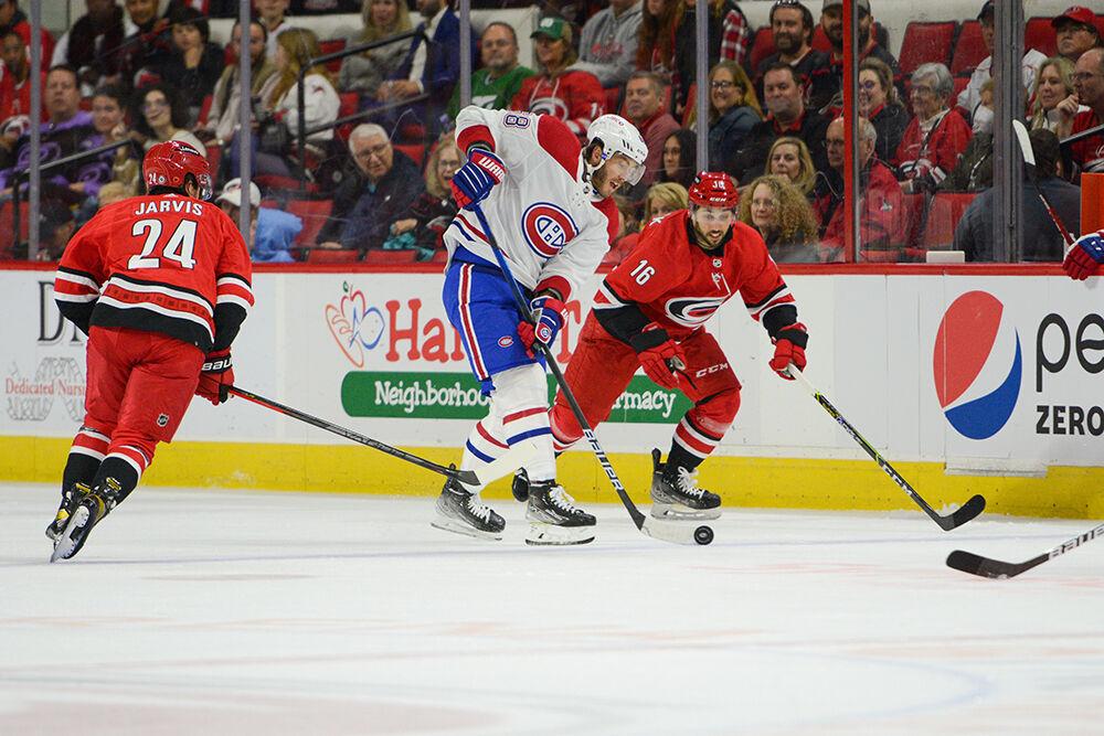 Carolina Hurricanes center Vincent Trocheck chases the puck in the defensive zone during the game against Montreal on Thursday, March 31, 2022 in PNC Arena. The Hurricanes beat the Canadiens 4-0.