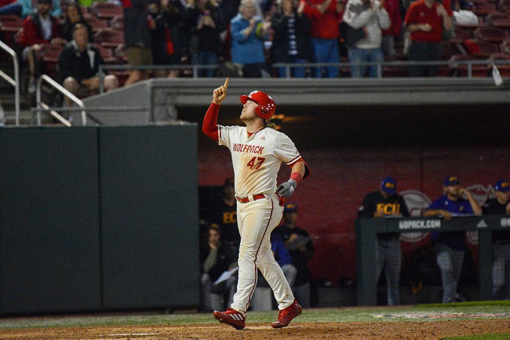 Freshman infielder Tommy White celebrates his home run during NC State's home game against East Carolina on Tuesday, April 2, 20227 in Doak Field at Dail Park. The Wolfpack won 12-3 over the Pirates.