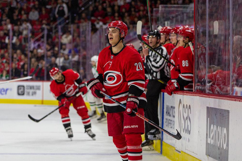 Hurricanes center Sebastian Aho sighs in disappointment versus the Stars on Tuesday, Feb. 25, 2020 at PNC Arena. Aho had one goal and served one penalty in the 4-1 loss to the Dallas Stars.