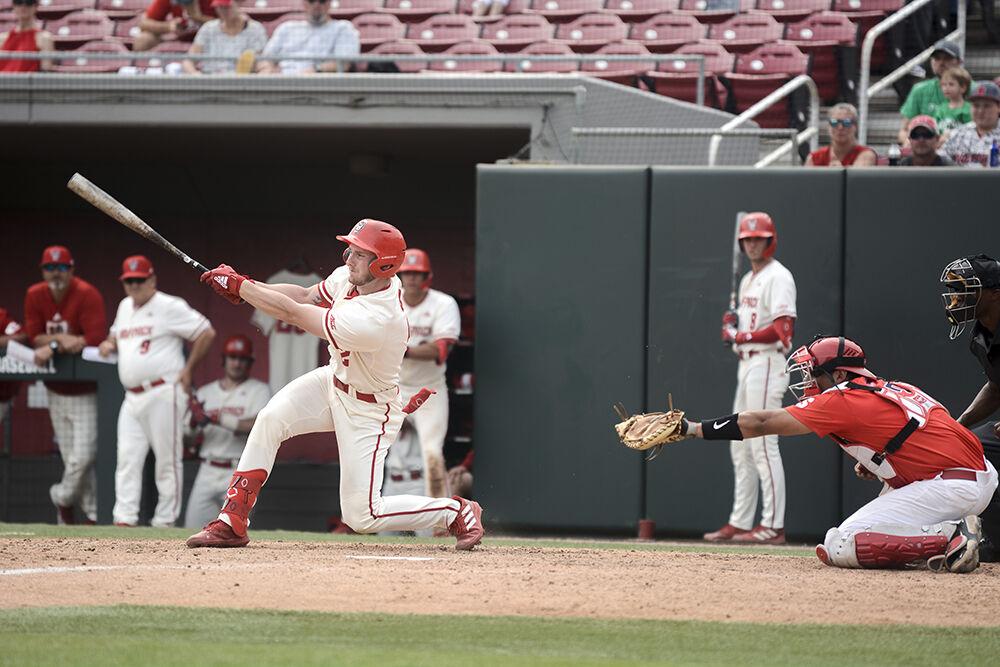 Sophomore outfielder Noah Soles swings his bat during the baseball game against Radford at Doak Field on Sunday, May 1, 2022. The Wolfpack beat the Highlanders 11-4.