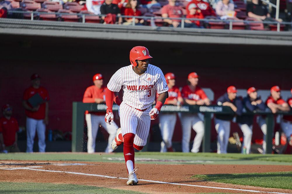 Senior infielder Devonte Brown sprints to first base during the game against Radford on Friday, April 29, 2022. NC State beat Radford 6-2.