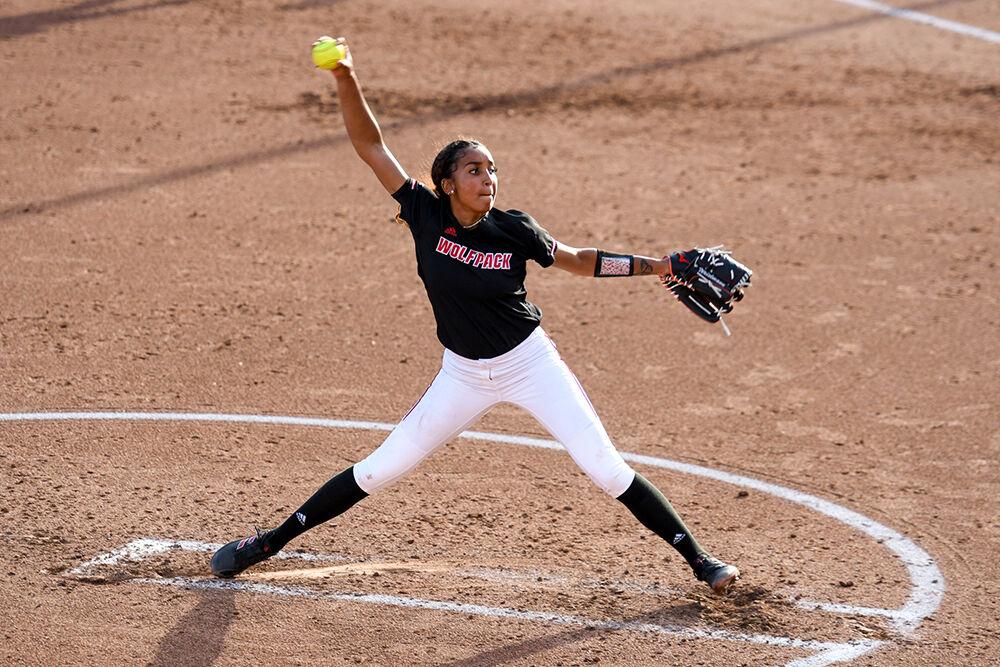 Redshirt sophomore pitcher Aishia Weixlmann winds up during the game versus the Campbell Camels on Tuesday, March 22, 2022 in Dail Softball Stadium. Weixlmann struck out seven Campbell batters. The Wolfpack beat the Camels 2-0.