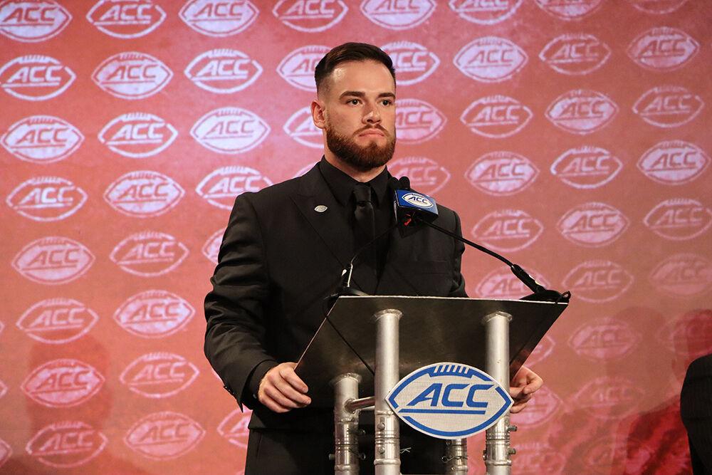 Redshirt junior quarterback Devin Leary answers questions at the 2022 ACC Kickoff at the Westin Hotel in Charlotte, North Carolina on Wednesday, July 20, 2022.