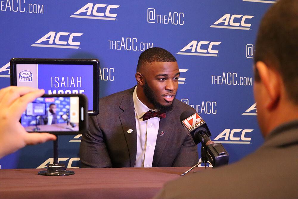 Graduate student linebacker Isaiah Moore answers questions during interviews at the 2022 ACC Kickoff at the Westin Hotel in Charlotte, North Carolina on Wednesday, July 20, 2022.
