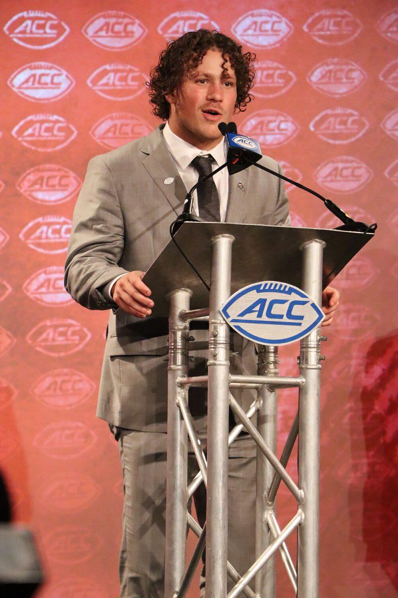 Junior linebacker Drake Thomas answers questions at the 2022 ACC Kickoff at the Westin Hotel in Charlotte, North Carolina on Wednesday, July 20, 2022.